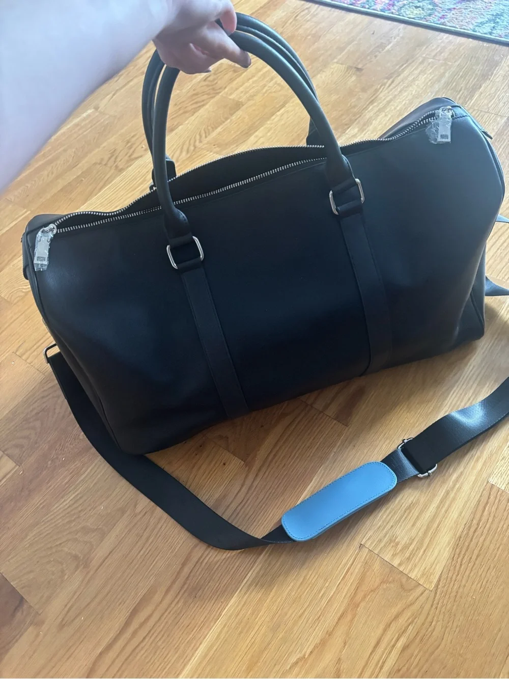 Rylor Black and Light Blue Heritage Stripe Weekender Leather Duffel Bag Unisex
